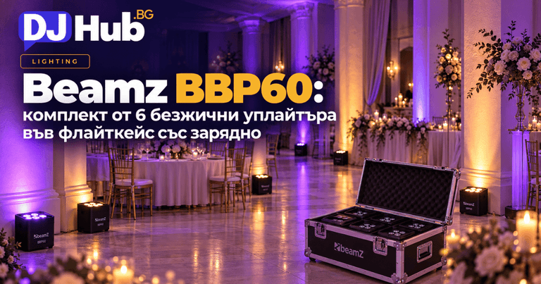 Beamz BBP60: комплект от 6 безжични уплайтъра във флайткейс със зарядно